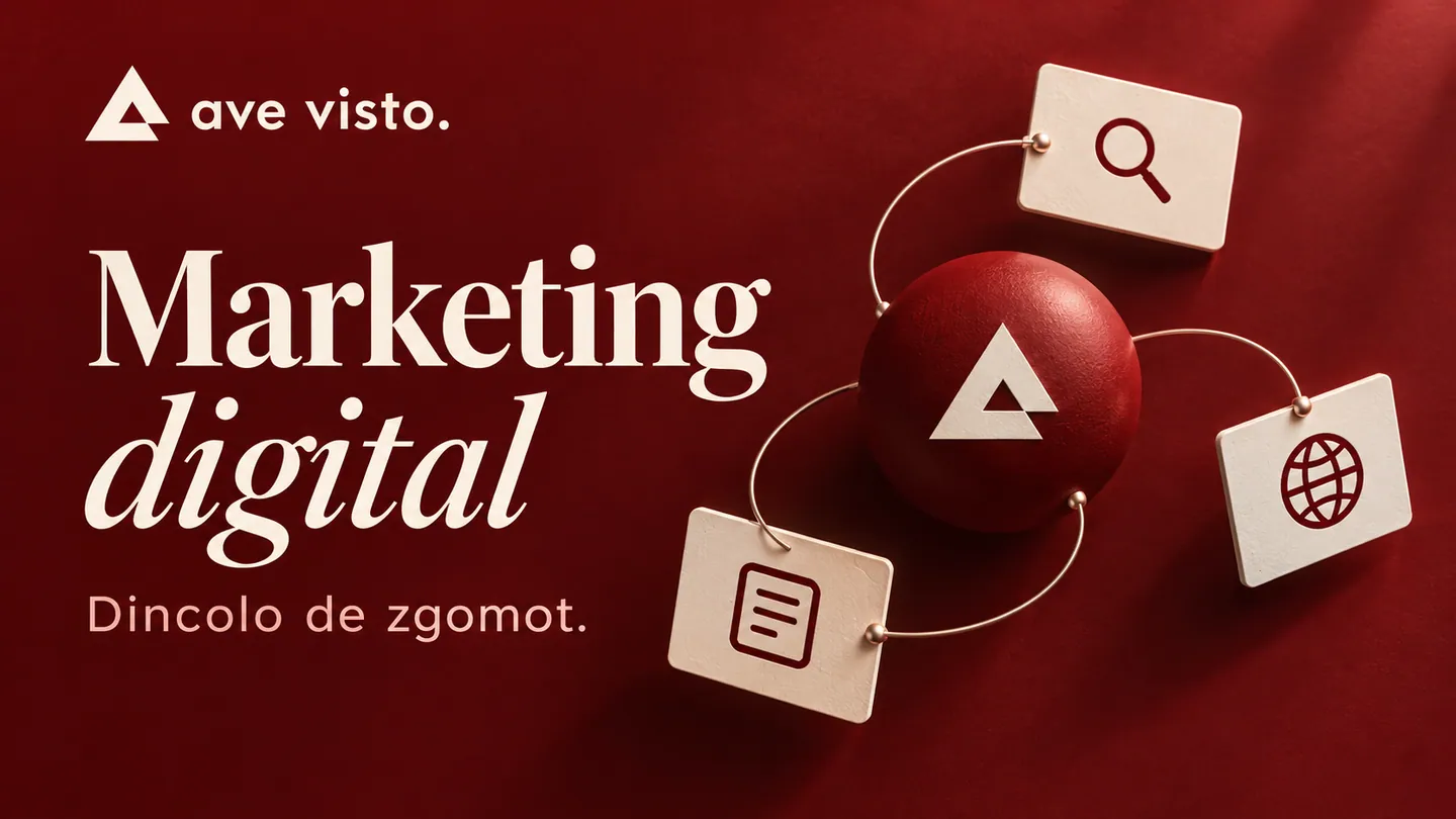 Marketing digital: dincolo de zgomot — sferă și carduri conectate care ilustrează canalele unui brand, în culorile Ave Visto.